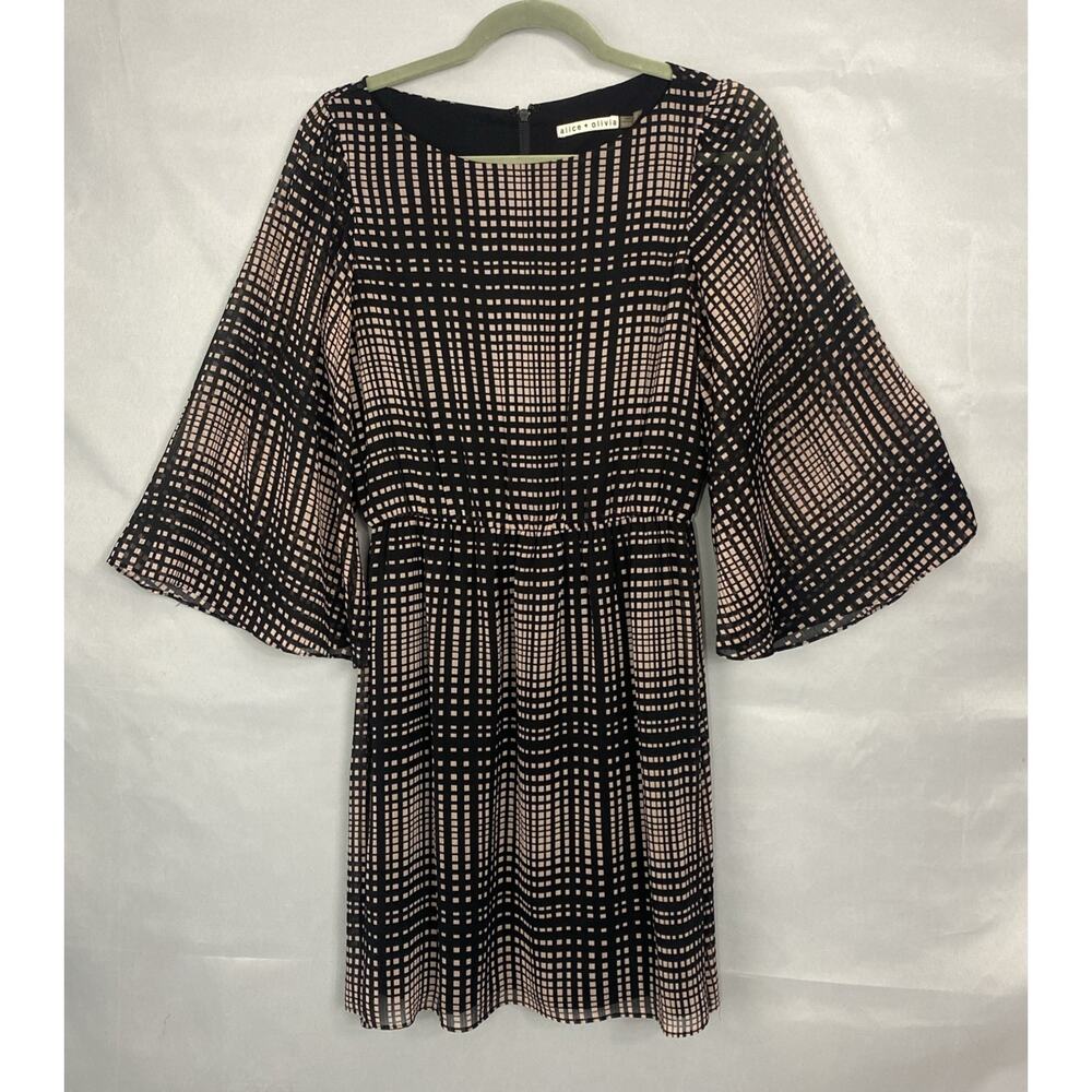Alice & Olivia Dress S Bell Sleeve Black Pink Semi-Sheer Lined Cocktail